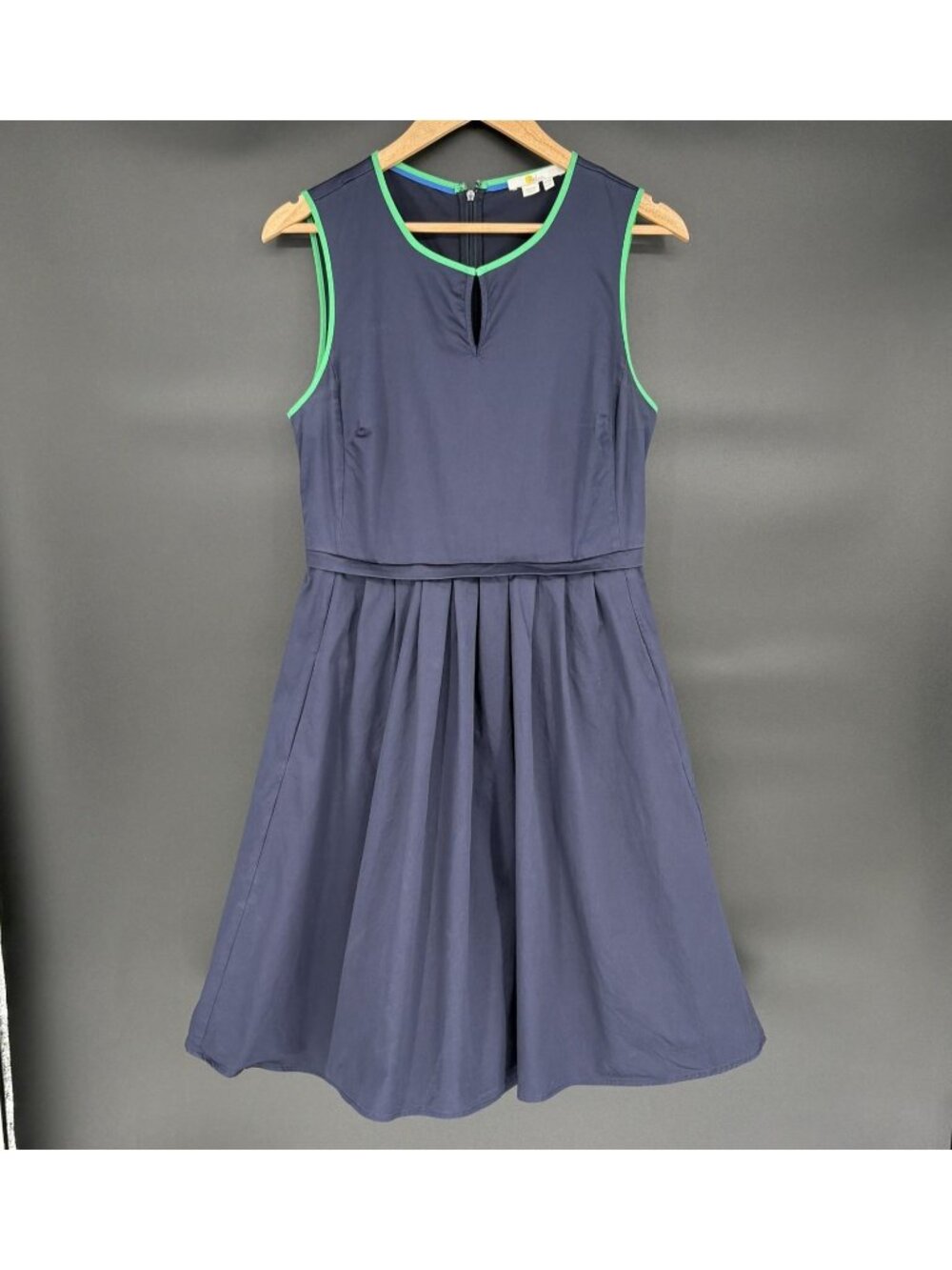 Boden Sleeveless Fit & Flare Dress 8R Navy Green Trim Pleated Sleeveless Cotton